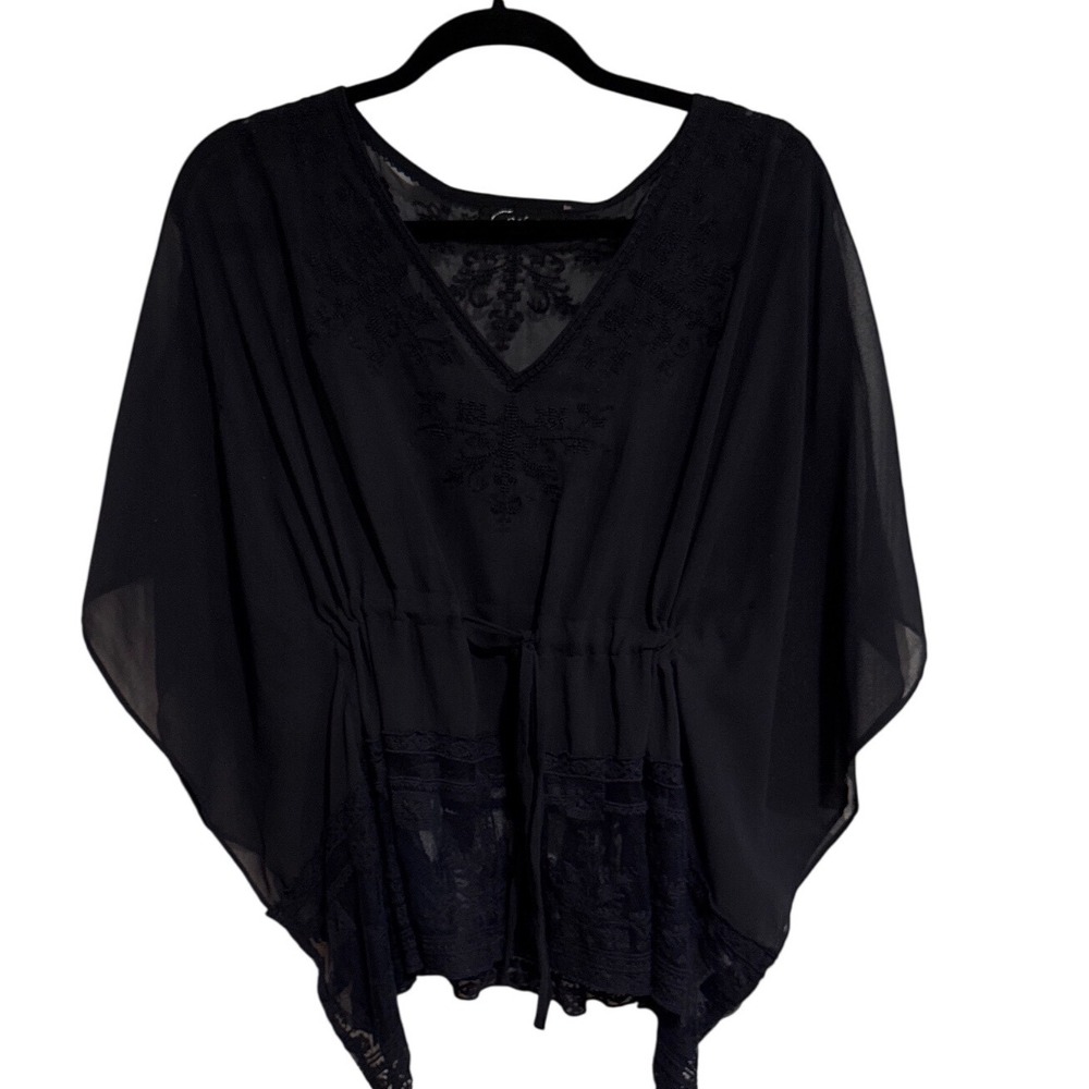 Cecico Woman's L Black Embroidered Lace Hem Kaftan Blouse Drawstring V-Neck Top